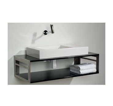 Whitehaus Collection WHTWINNG 39.75 in. Aeri counter top and shelf unit in laminated black glass- polished stainless steel- supports- Black Glass-Sta