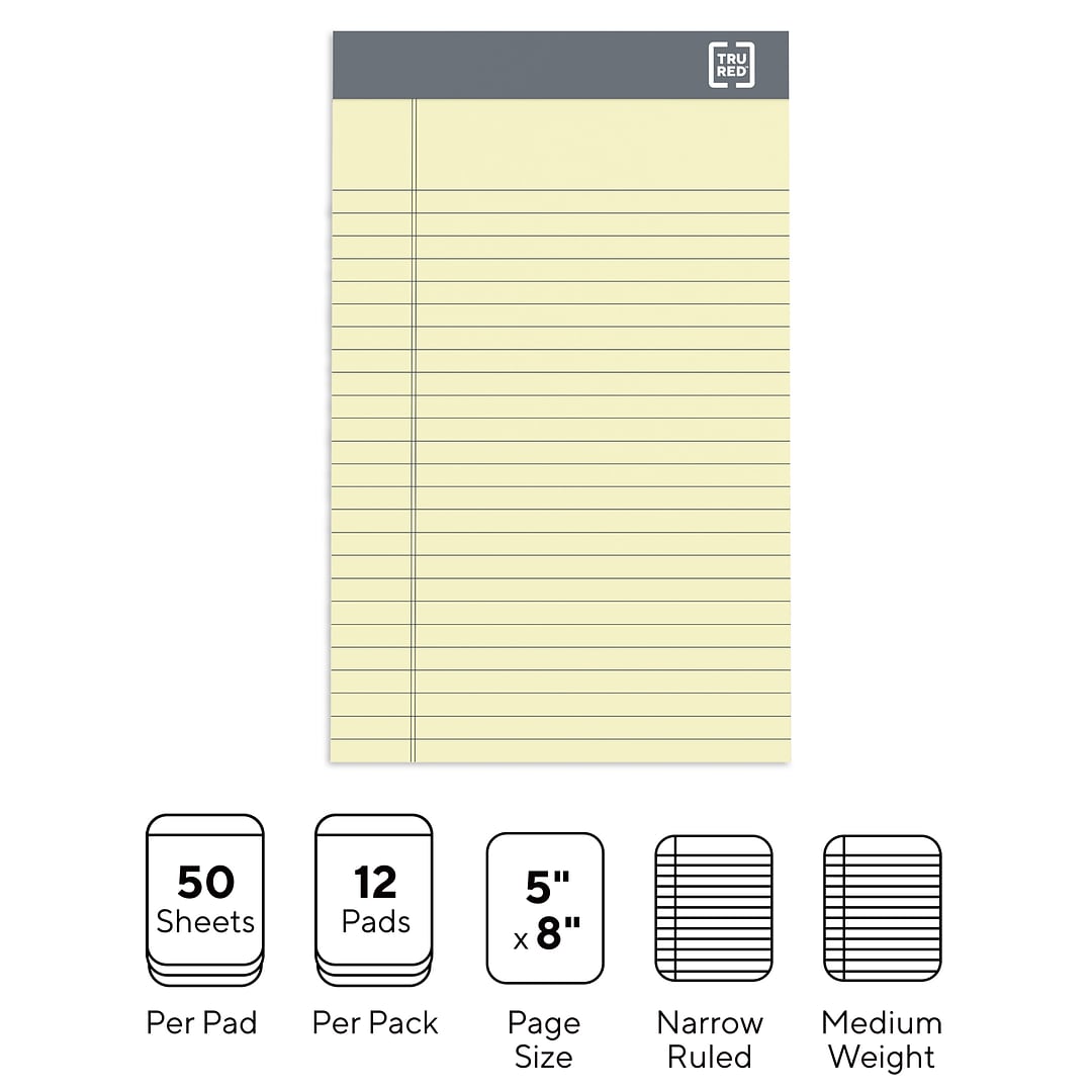 TRU RED TR57359 5 x 8 in. Narrow Ruled Notepads, Canary 12 Pads per Pack