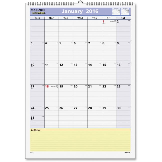 At A Glance AAGPM5228 12 x 17 in. QuickNotes Wall Calendar - White
