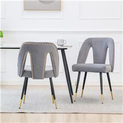DIRECT WICKER UBS-W114340431 Set of 2 Modern Velvet Upholstered Dining Chair with Nailheads and Gold Metal Legs (Grey)