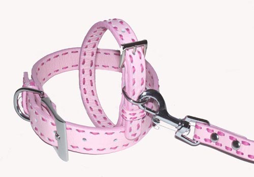 A Pets World 03011302-10 Leather Dog Collar- Lt Pink-Hot Pink Saddle Stitch