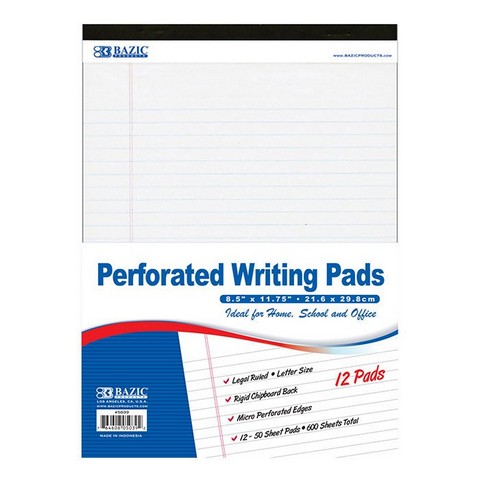 Bazic Products Bazic 5039    50 Ct. 8.5&quot; X 11.75&quot; White Perforated Writing Pad (12/Pack) Case OF 6
