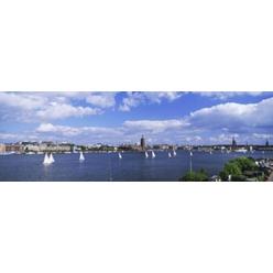 RLM Distribution Sailboats in a lake with the city hall in the background  Riddarfjarden  Stockholm City Hall  Stockholm  Sweden Poster Print by
