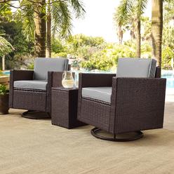 Crosley Palm Harbor KO70058BR-GY  3Pc Outdoor Wicker Swivel Chair Set Gray/Brown - Side Table &amp; 2 Swivel Chairs