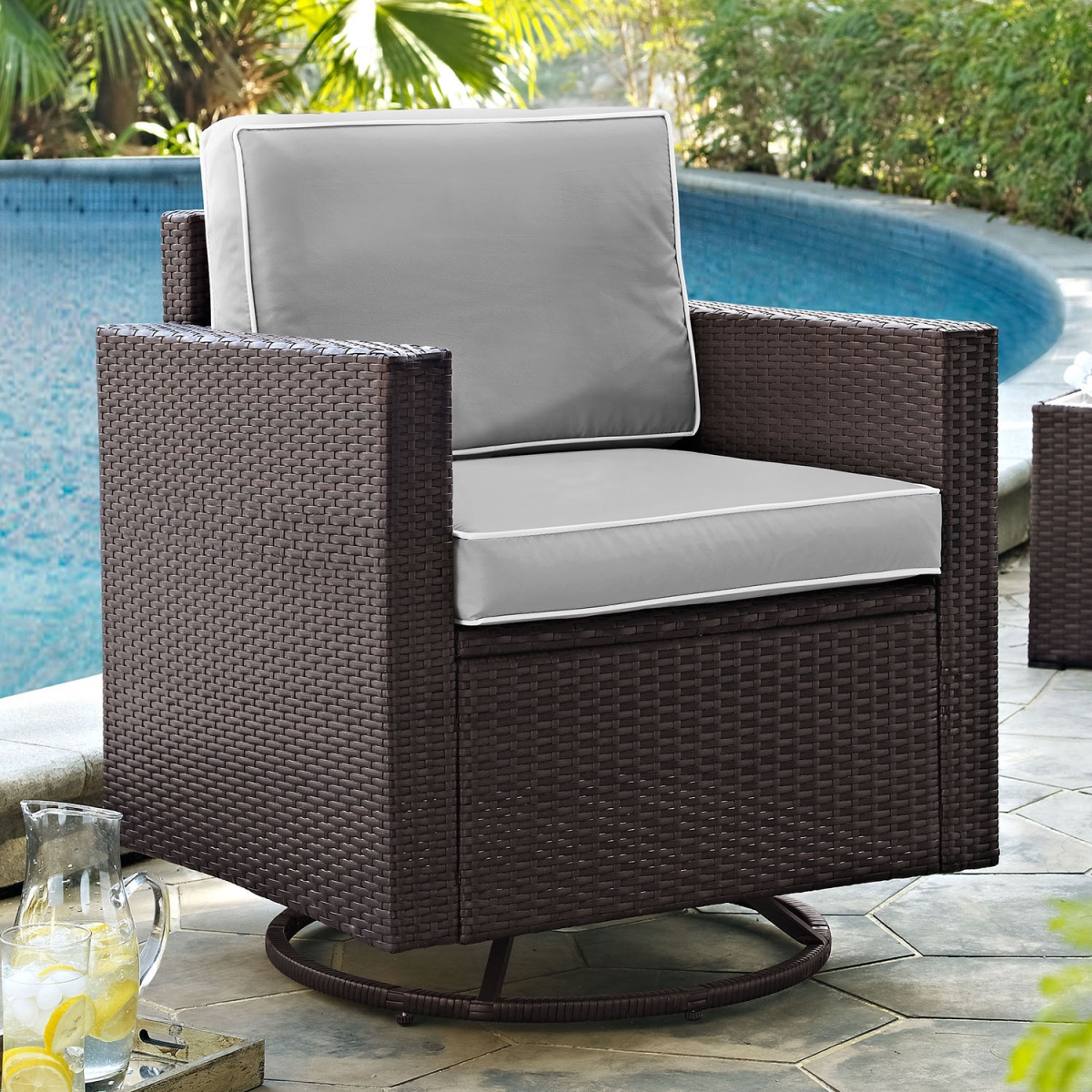Crosley KO70094BR-GY Palm Harbor Outdoor Wicker Swivel Rocker Chair with Grey Cushions