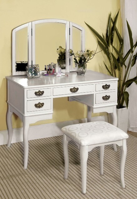 Furniture of America IDF-DK6405WH Modern Ashland White Solid Wood Vanity Mirror Stool