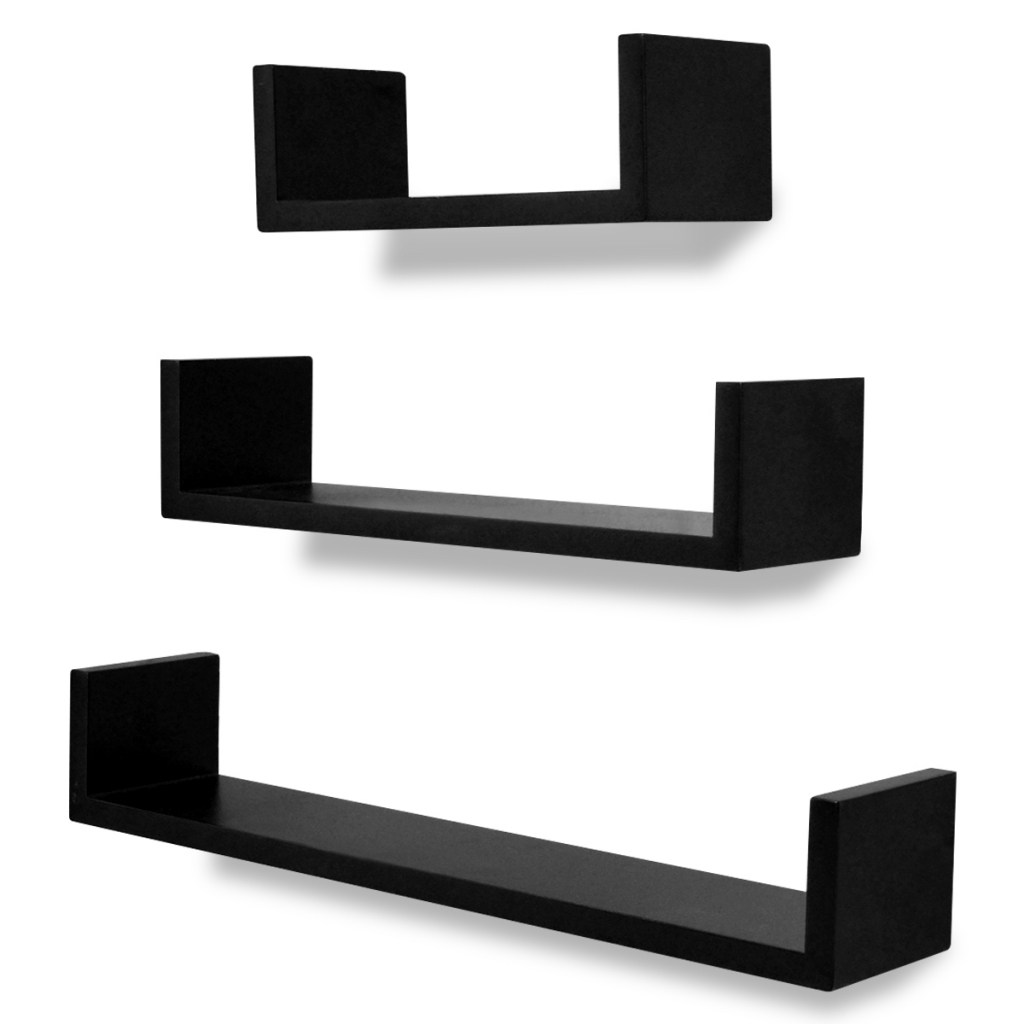 ComfortCreator 3 Black MDF U-Shaped Floating Wall Display Shelves Book & DVD Storage