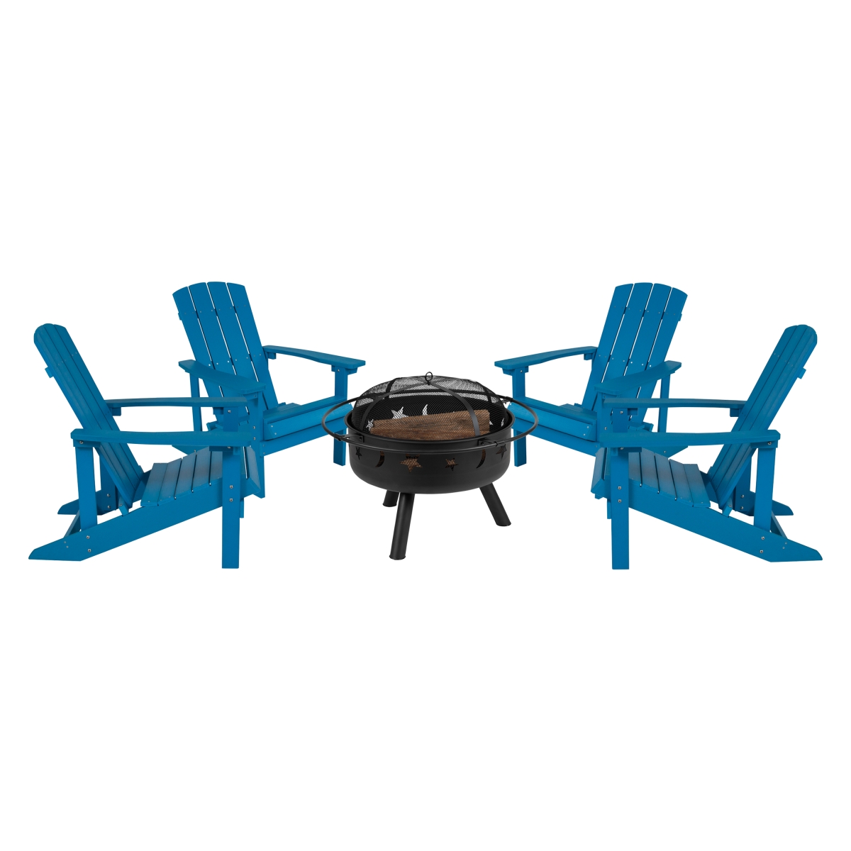 Flash Furniture JJ-C145014-32D-BLU-GG Charlestown Poly Resin Wood Adirondack Chair Set with Fire Pit - Star & Moon Fire Pit with Mesh Cover&#44;