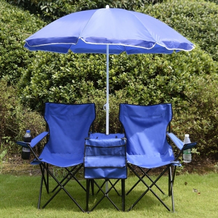 OnlineGymShop CB16607 Double Folding Picnic Camping Chair with Umbrella,Table & Cooler Beach