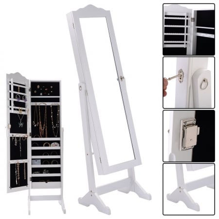 OnlineGymShop CB16892 Armoire Mirrored Jewelry Cabinet Organizer Storage Box with Stand & Lock, White