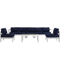 Modway Furniture Modway EEI-2565-SLV-NAV Shore Outdoor Patio Aluminum Sofa Set&#44; Silver & Navy - 6 Piece