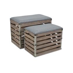 Cheungs 4935-2GW Rectangular Wood Slat Storage Bench with Metal Accent & Cushioned Lid - Set of 2