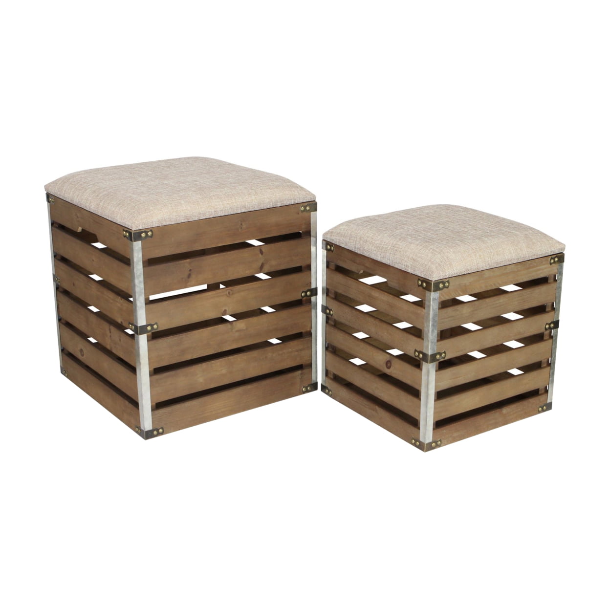 H2H Square Wood Slat Storage Bench with Metal Accent & Cushioned Lid - Set of 2