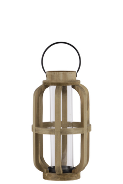 Urban Trends Collection 53305 Small Wood Cylinder Lantern with Metal Handle & Hurricane Candle Holder&#44; Natural Finish - Brown