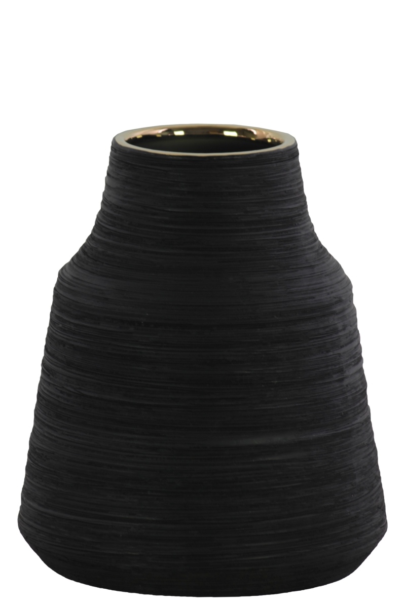 Urban Trends Collection 45716 Ceramic Round Vase with Broad Lips Short Neck & Combed Design Body&#44; Coated & Black - Small