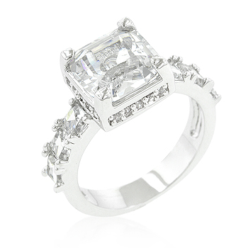 kate bissett Genuine Rhodium Plated Asscher Cut Engagement Ring Featuring Round Cut Accent Stones in Silvertone - Size 10