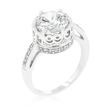 kate bissett Genuine Rhodium Plated Filigree Engagement Ring with 4.45 Carat Center Stone Hoisted By a CZ Accented Royal Crest in Silvertone