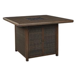 Benjara BM209269 39 x 55.75 x 55.88 in. Square Aluminum Bar Table with Fire Pit & Resin Wicker Side Panels&#44; Brown