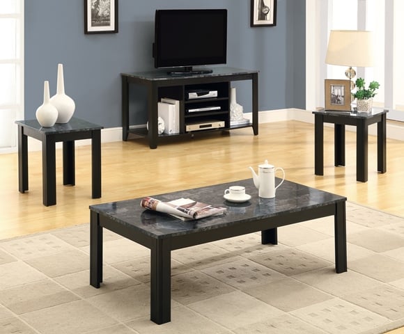 Monarch Specialties I 7843P Marble-Look Top 3 Pieces Table Set in Black-Grey