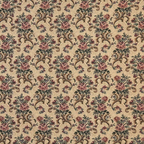 Designer Fabrics H859 54 in. Wide Gold- Burgundy And Green- Floral Tapestry Upholstery Fabric
