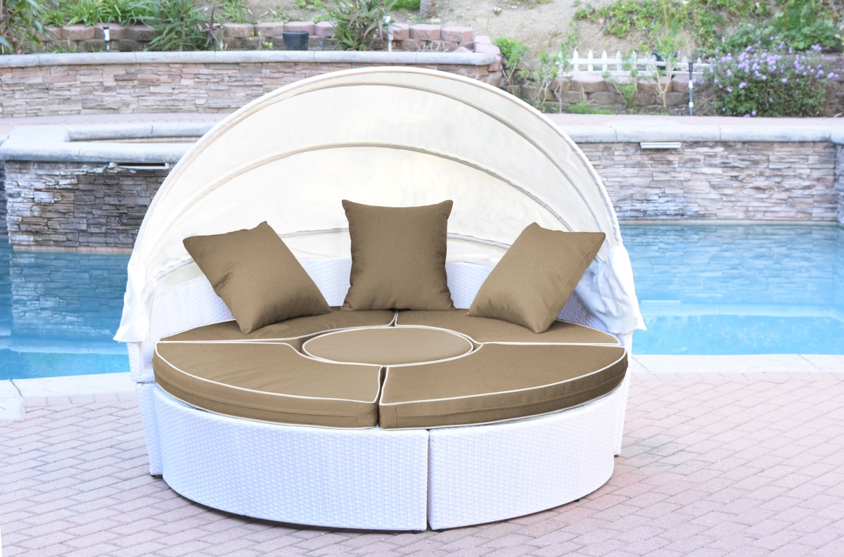 Jeco WB001W-FS006 All-Weather White Wicker Sectional Daybed - Tan Cushions