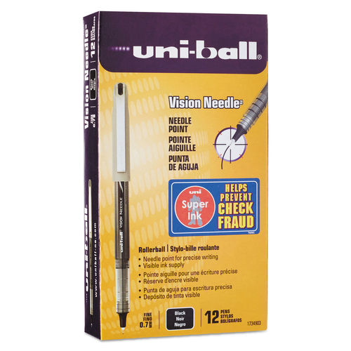 uni-ball UBC1734903 0.7 mm Fine Black Ink Silver Barrel VISION Needle Stick Roller Ball Pen - 1 Dozen