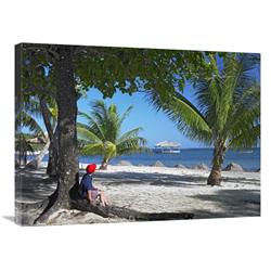 Global Gallery GCS-397015-2432-142 24 x 32 in. Tourist Resting Under Palm Trees on Beach at Palmetto Bay, Roatan Island, Honduras Art Print - T