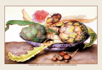 Buyenlarge Buy Enlarge 0-587-11578-5P20x30 Chinese Dish With Artichokes  a Rose and Strawberries- Paper Size P20x30