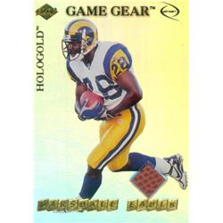 Autograph Warehouse 649496 Marshall Faulk Player Used Ball Patch Football Card - St. Louis Rams - 1999 Collectors Edge Game Gear Hologold No.GG3