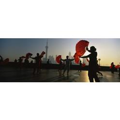 Panoramic Images PPI91252L Silhouette Of A Group Of People Dancing In Front Of Pudong  The Bund  Shanghai  China Poster Print by Panoramic Images