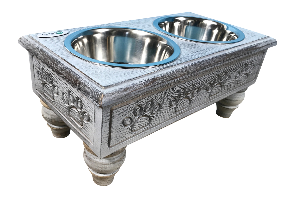 ICONIC PET LLC Iconic Pet 52068 Sassy Paws Raised Wooden Pet Double Diner with Stainless Steel Bowls, Antique Gray - Large