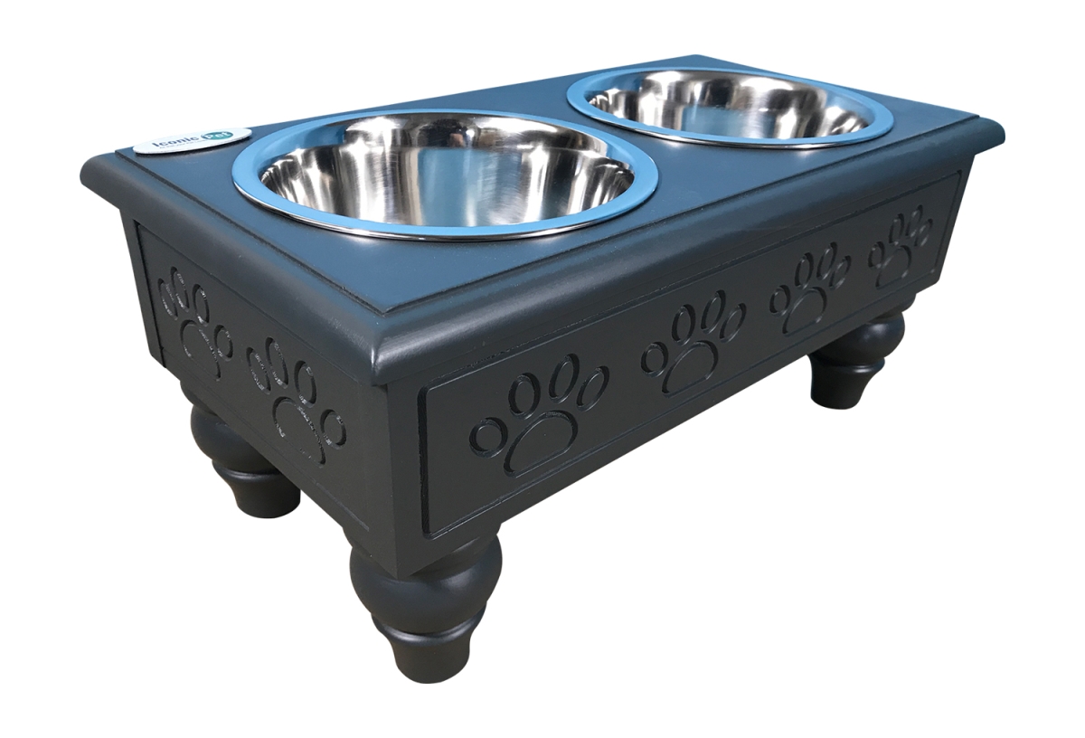 ICONIC PET LLC Iconic Pet 52074 Sassy Paws Raised Wooden Pet Double Diner with Stainless Steel Bowls, Charcoal Gray - Large