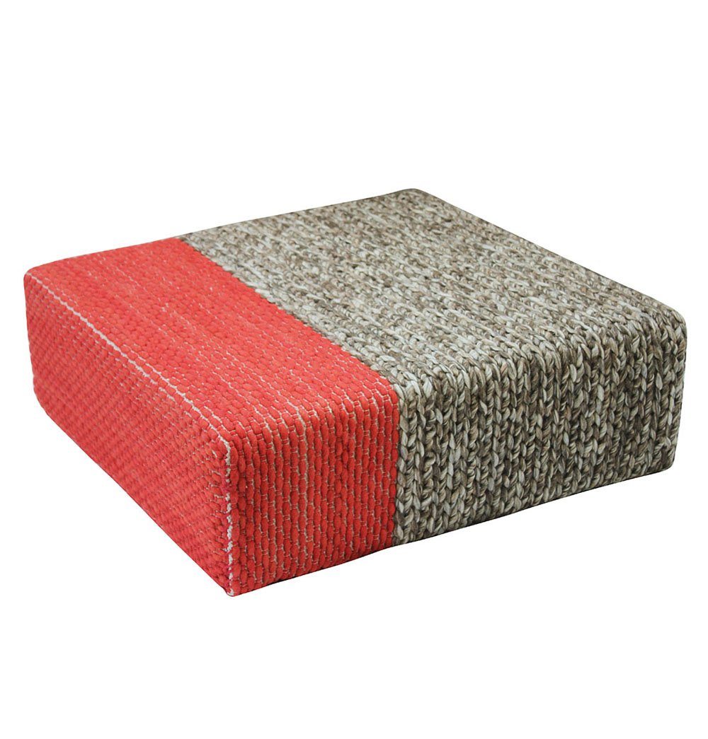 Gfurn IRA-90x90x30-16-1546 Ira - Handmade Wool Braided Square Pouf - Natural & Living Coral - 90 x 90 x 30 cm