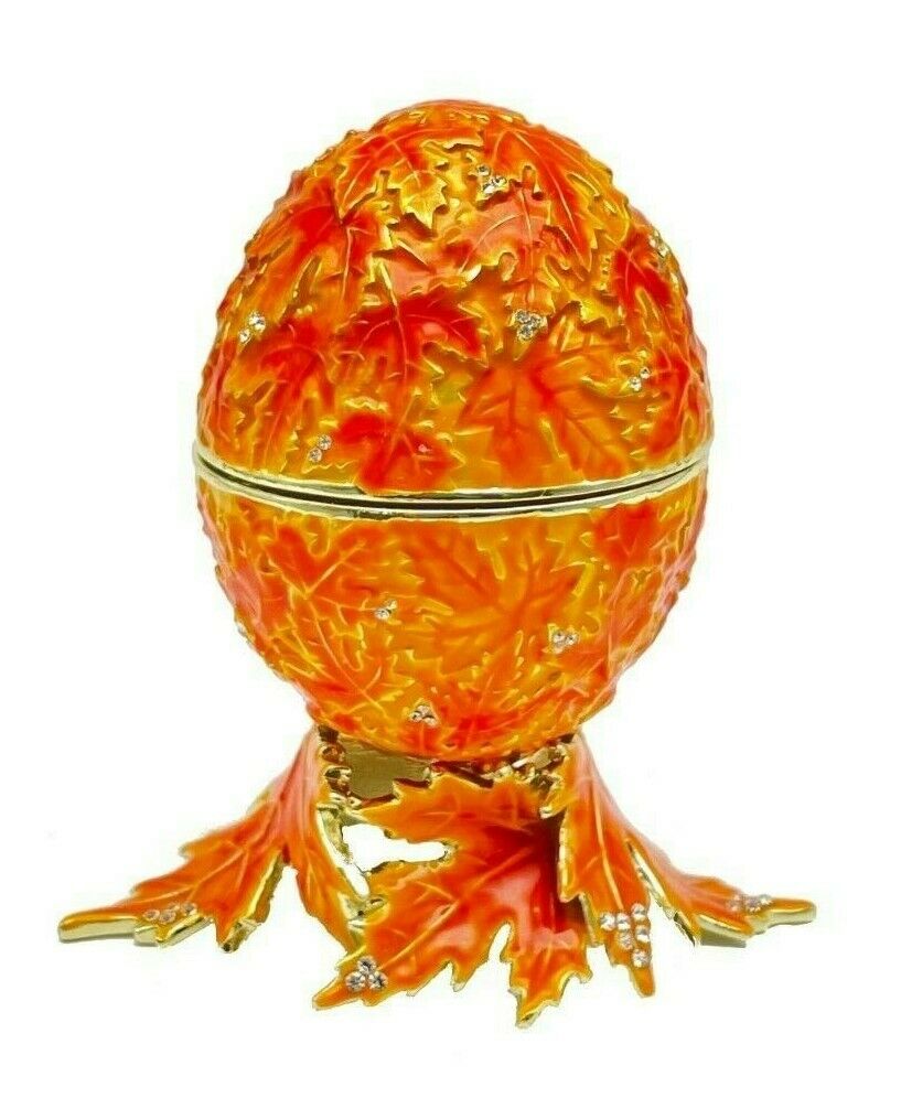 Keren Kopal E2106 Orange Faberge Egg Enamel Painted Jewelry Box & Music with Austrian Crystals