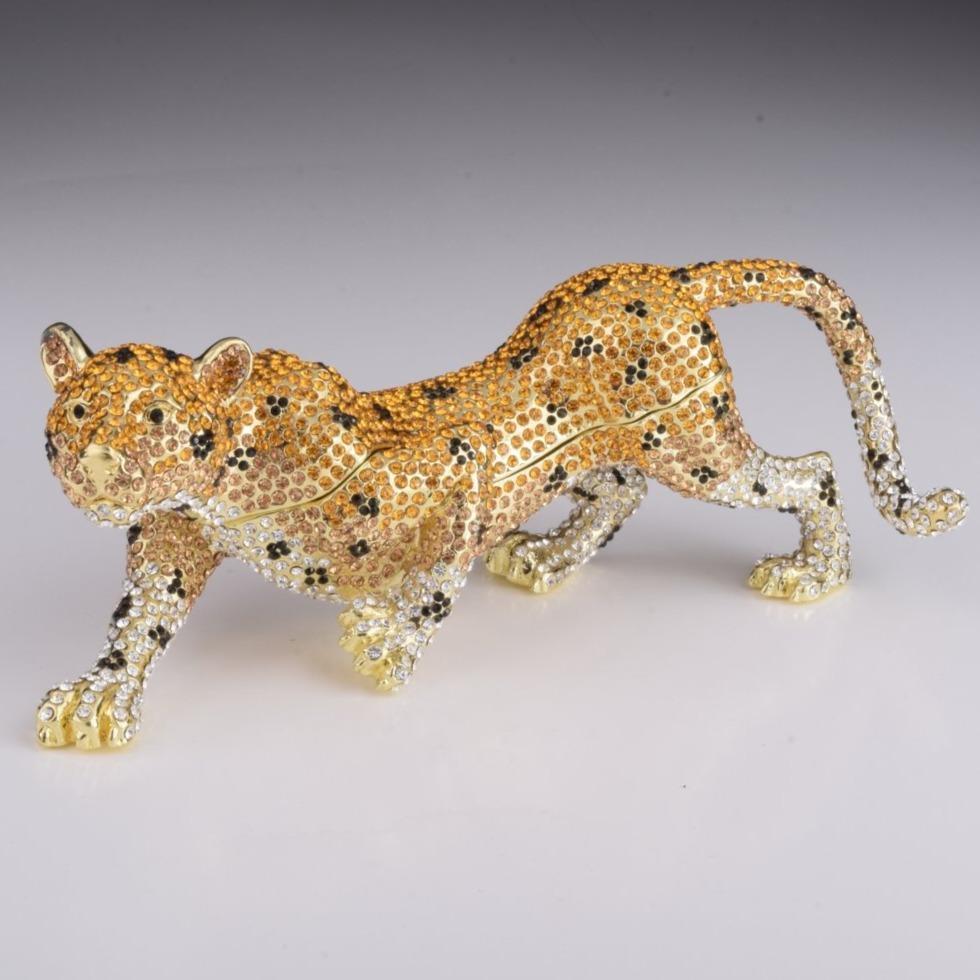 Keren Kopal LPX1984 Brown Lioness Cheetah Enamel Painted Trinket Box with Austrian Crystals