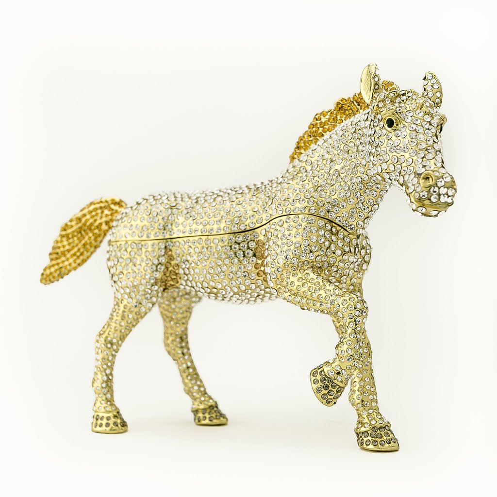 Keren Kopal HRX1985 Large Golden Horse Decorated with White Crystals Enamel Painted Trinket Box with Austrian Crystals