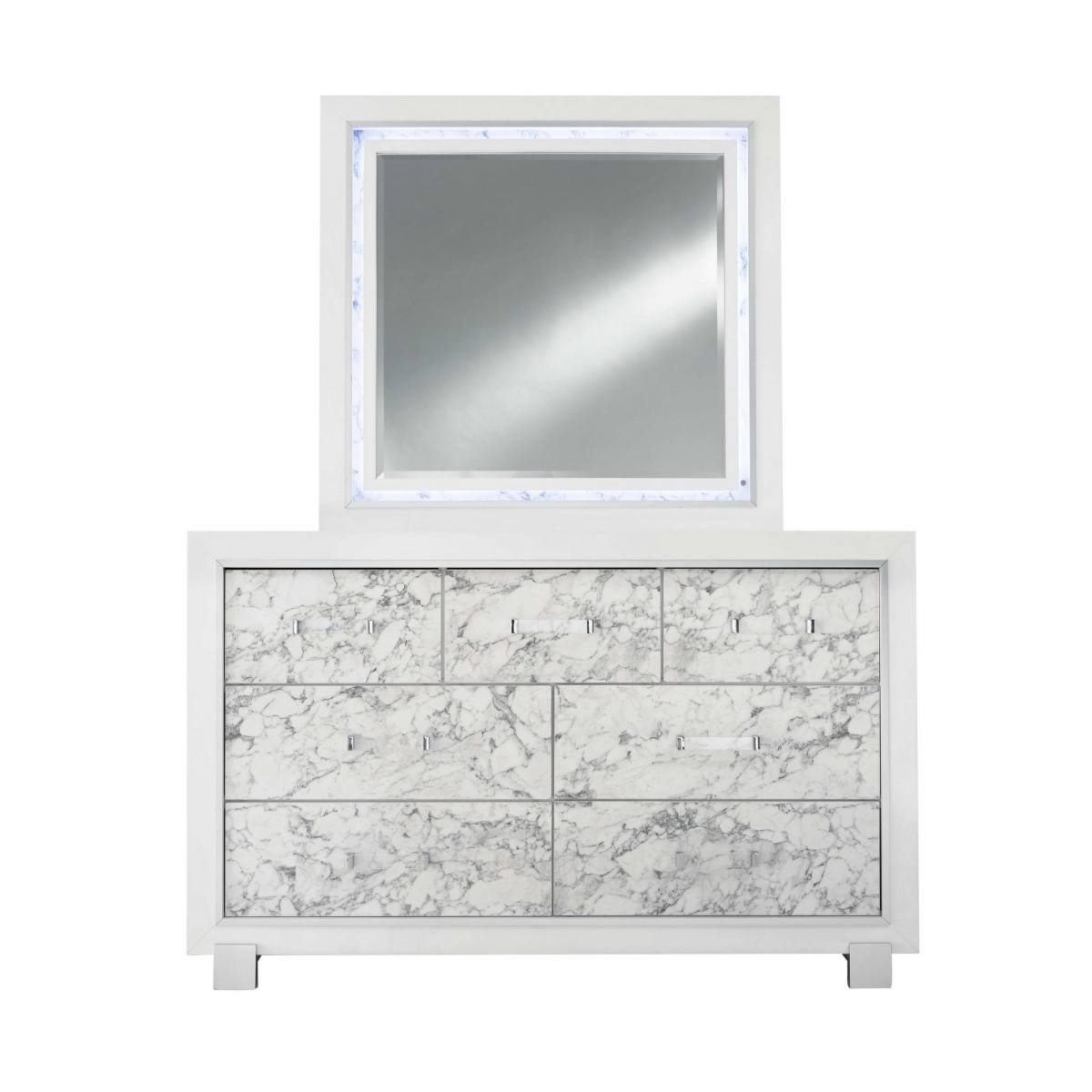 HomeRoots 384040 Modern White Mirror with Faux Marble Border Detail LED Lightning