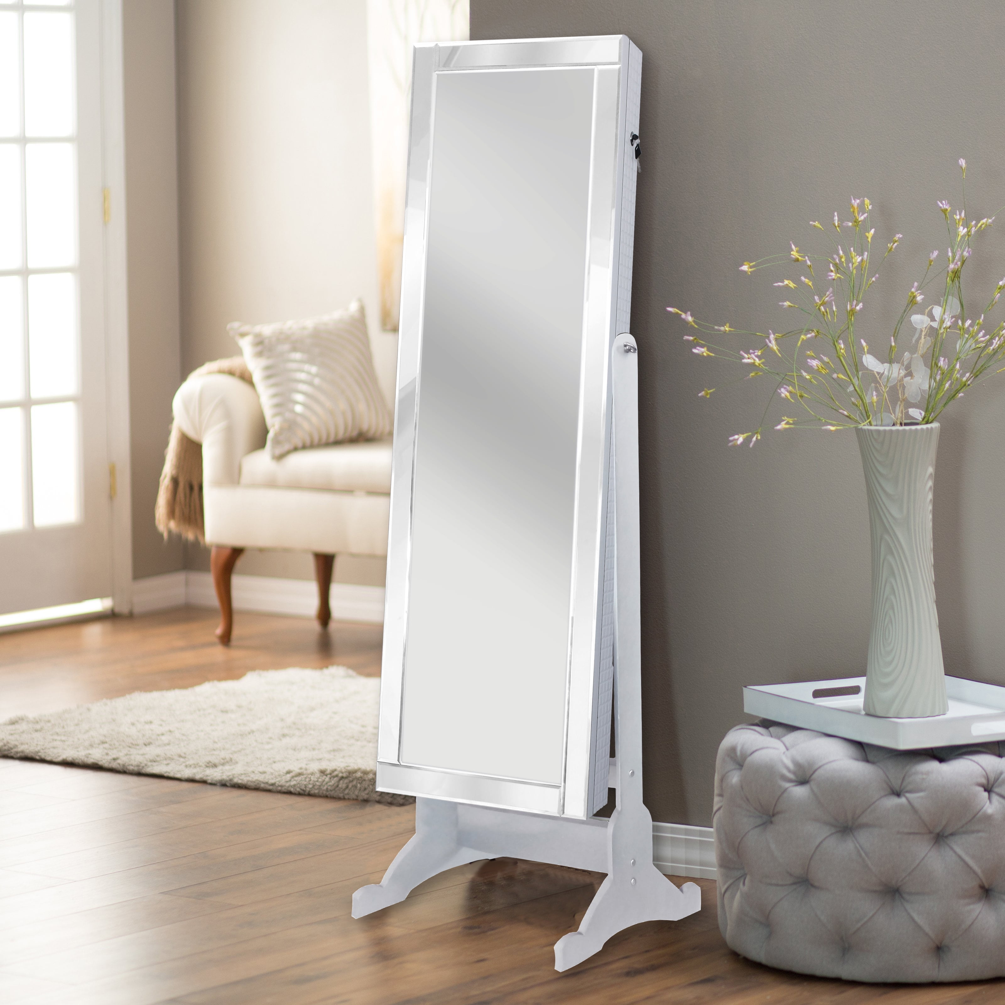 Chic Home JF62-11WE-N1-US Daze Modern Contemporary Border Rectangular Jewelry Armoire Cheval Mirror, Full-Length Pristine - White