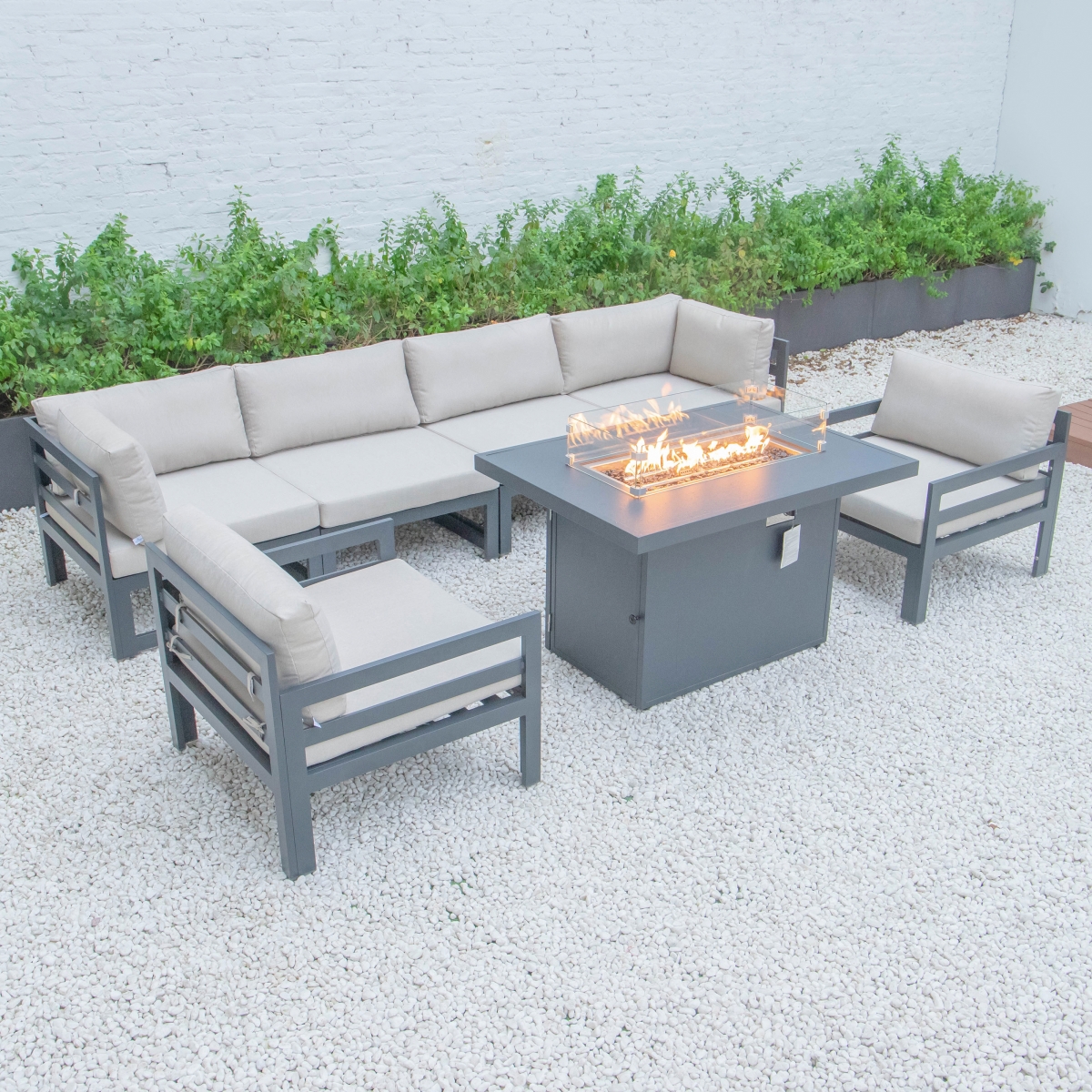 Leisuremod CSFARBL-7BG 24.8 x 113.62 x 60 in. Chelsea 7 Piece Patio Sectional & Fire Pit Table with Black Aluminum Cushions&#44; Beige
