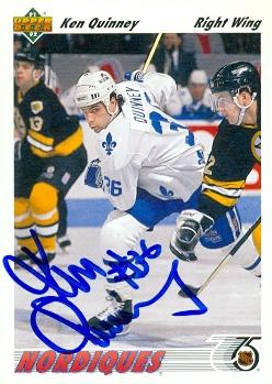 Autograph Warehouse 66181 Ken Quinney Autographed Hockey Card Quebec Nordiques 1991 Upper Deck No. 419