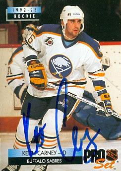 Autograph Warehouse 67280 Keith Carney Autographed Hockey Card Buffalo Sabres 1992 Pro Set No. 223