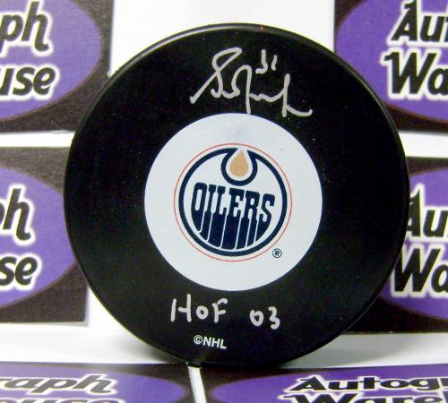 Autograph Warehouse 67852 Grant Fuhr Autographed Hockey Puck Edmonton Oilers Inscribed Hof 03