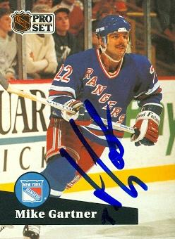 Autograph Warehouse 68470 Mike Gartner Autographed Hockey Card New York Rangers 1991 Pro Set No. 167