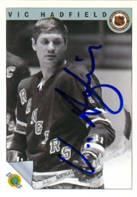 Autograph Warehouse 68477 Vic Hadfield Autographed Hockey Card New York Rangers 1992 Ultimate No. 21