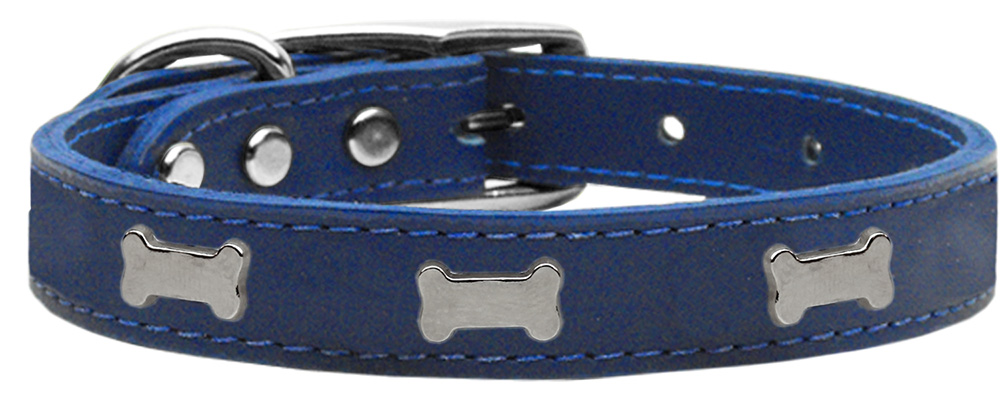 Mirage Pet Products 83-44 BL12 Silver Bone Widget Genuine LeaTher Dog Collar&#44; Blue - Size 12