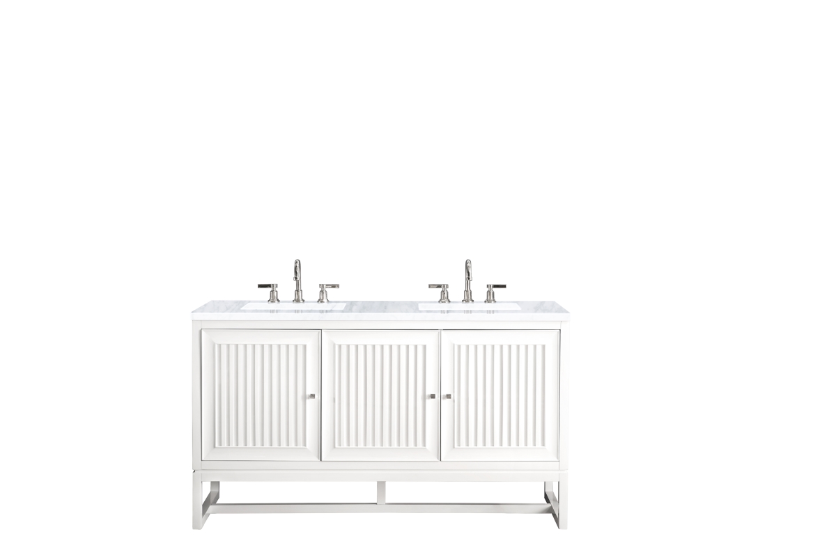 James Martin Furniture E645-V60D-GW-3CAR 60 in. Athens Double Vanity Cabinet with 3 CM Carrara White Top, Glossy White