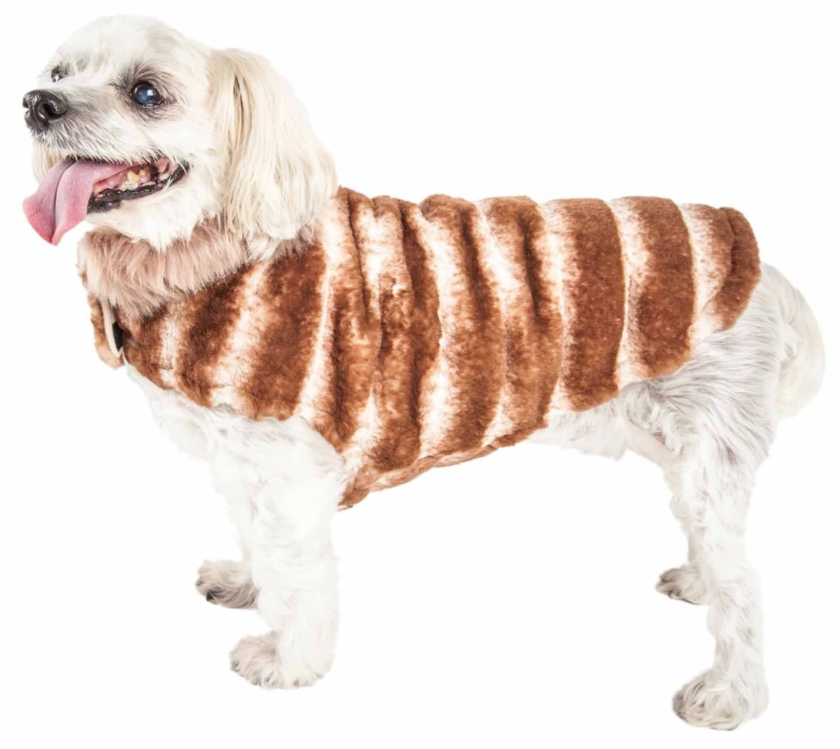 Natural Life Pet Products Pet Life 55STXS Luxe Tira-Poochoo Tiramisu Patterned Mink Dog Coat Jacket - White & Brown&#44; Extra Small