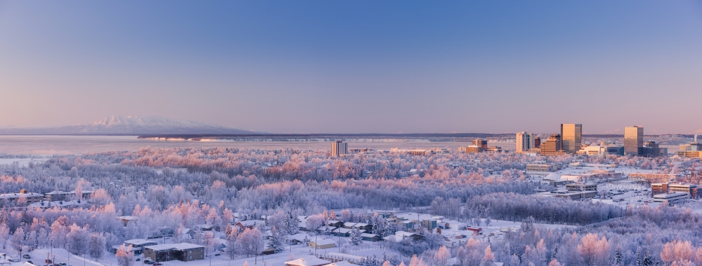 Design Pics DPI2332503 Aerial View of Downtown Anchorage At Sunset Hoarfrost On The Trees Alpenglow On Mount Susitna Winter Anchorage Southc