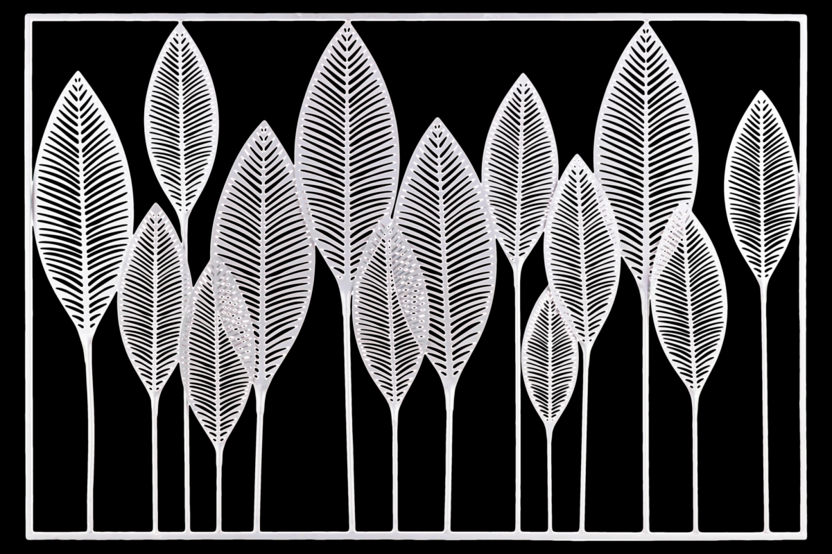 Urban Trends Collection 36189 Metal Wall Art of Leaves with Frame in Landscape Orientation&#44; Metallic & White