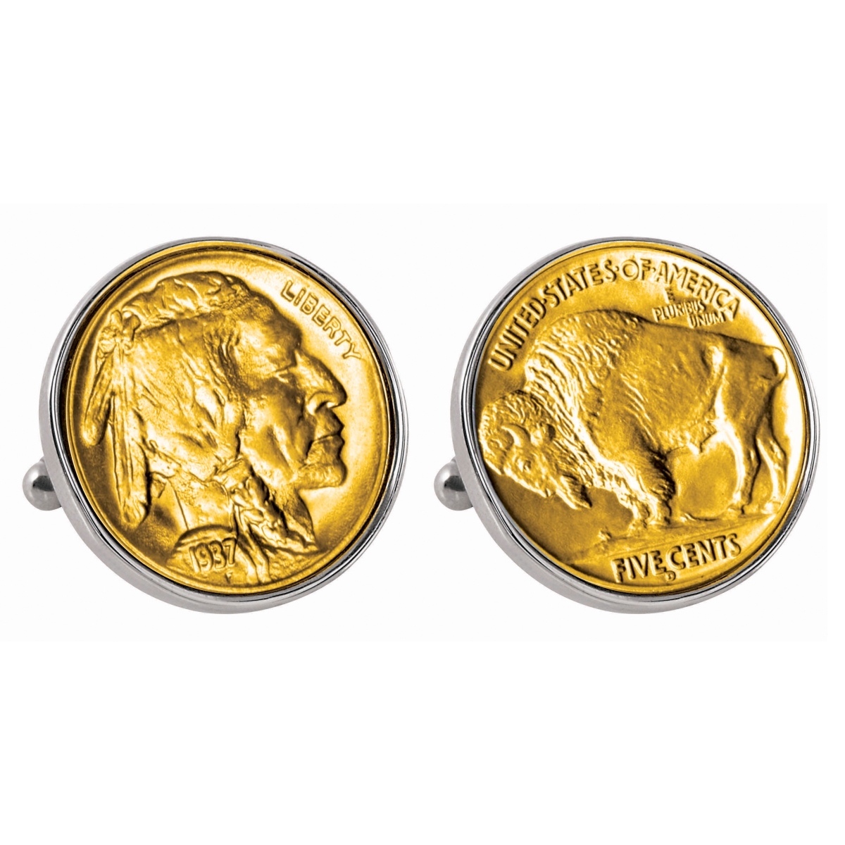 UPM GLOBAL 13542 Gold-Layered Buffalo Nickel Silvertone Bezel Coin Cuff Links